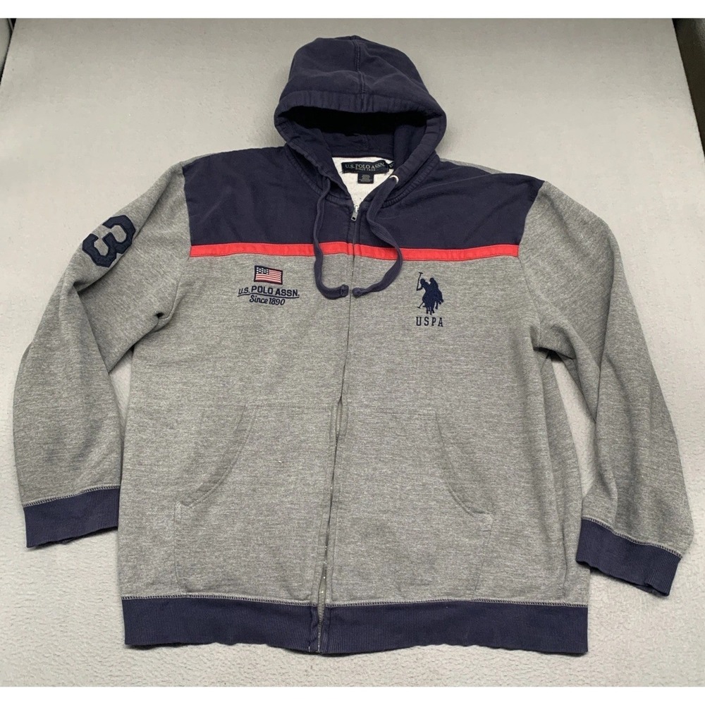 U.S. Polo Assn. Hoodie Mens XXL Gray Blue Cotton Pony Logo #3 Outerwear Full Zip